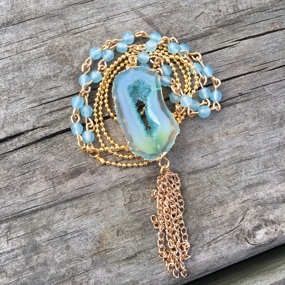 Agate Slice gemstone Tassel long Necklace